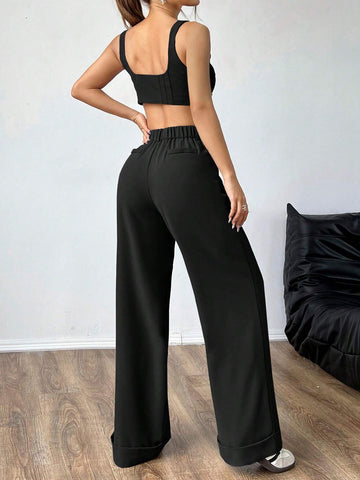 2pcs/Set Women Summer Solid Color Crop Top And Wide Leg Pants Casual Outfit