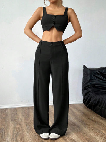 2pcs/Set Women Summer Solid Color Crop Top And Wide Leg Pants Casual Outfit