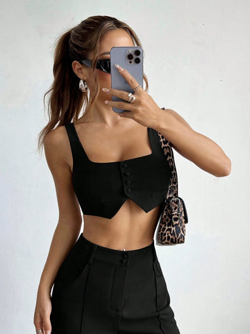 2pcs/Set Women Summer Solid Color Crop Top And Wide Leg Pants Casual Outfit