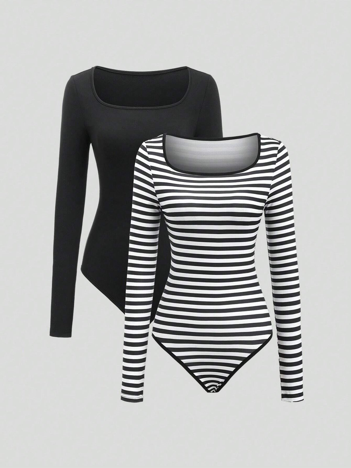 2pcs Black & Black-White Striped Square Neck Long Sleeve Bodysuit Set