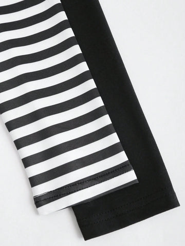 2pcs Black & Black-White Striped Square Neck Long Sleeve Bodysuit Set