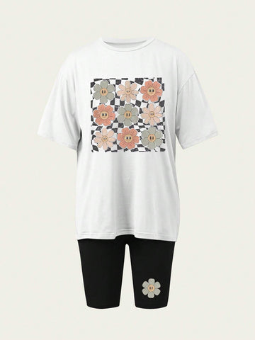 2pcs Black & White Plaid Floral Printed Set, Round Neck Short Sleeve T-Shirt And Shorts, Casual