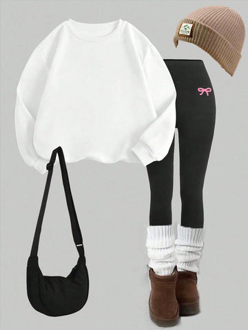 2pcs Set Casual Loose Round Neck Sweatshirt And Tights Legging
