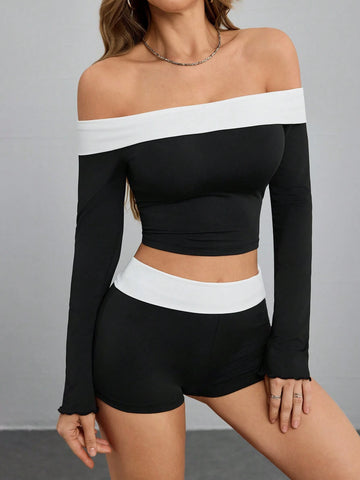 2pcs Set Women Casual Off-The-Shoulder Knit Top & Low Waist Shorts