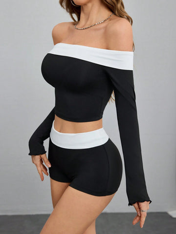 2pcs Set Women Casual Off-The-Shoulder Knit Top & Low Waist Shorts