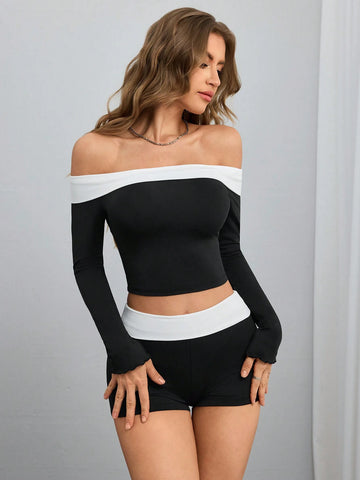 2pcs Set Women Casual Off-The-Shoulder Knit Top & Low Waist Shorts