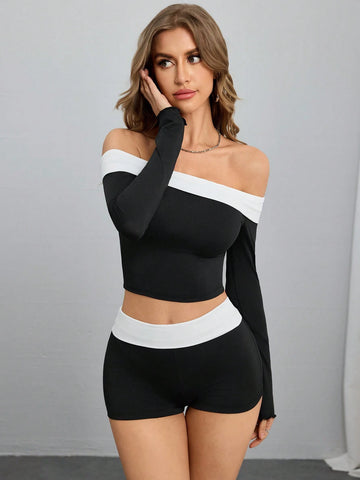 2pcs Set Women Casual Off-The-Shoulder Knit Top & Low Waist Shorts