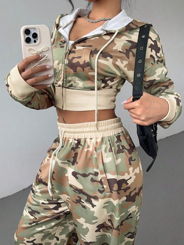 2pcs Women Camouflage Print Hoodie And Sweatpants Set