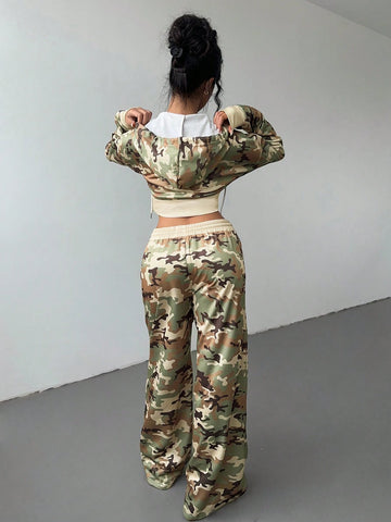 2pcs Women Camouflage Print Hoodie And Sweatpants Set
