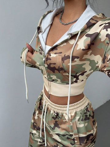 2pcs Women Camouflage Print Hoodie And Sweatpants Set