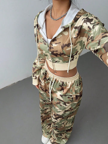 2pcs Women Camouflage Print Hoodie And Sweatpants Set