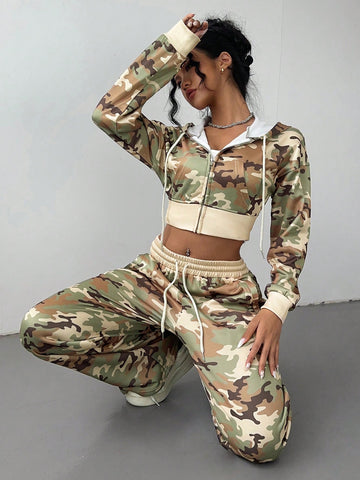2pcs Women Camouflage Print Hoodie And Sweatpants Set