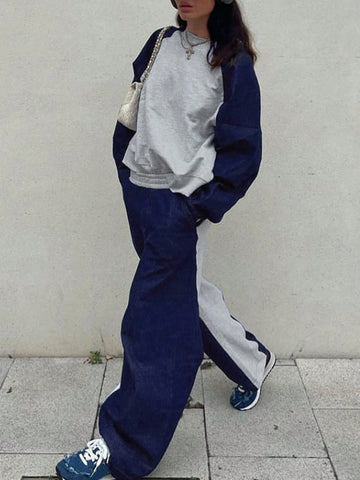 2pcs Women Casual Set - Color Block Crew Neck Long Sleeve Sweatshirt & Pants Suit, Autumn