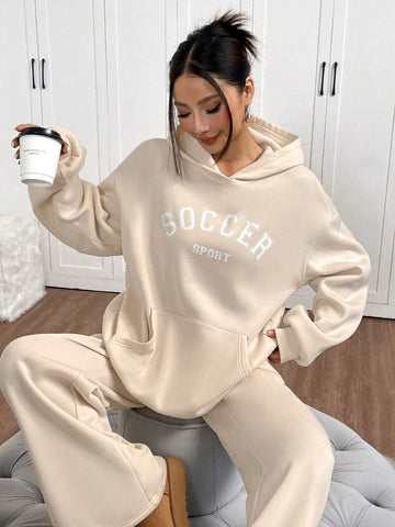 2pcs Women Casual Set - Letter Print Hoodie With Pocket And Pants