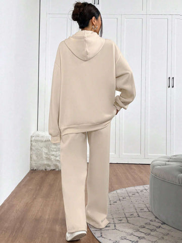 2pcs Women Casual Set - Letter Print Hoodie With Pocket And Pants