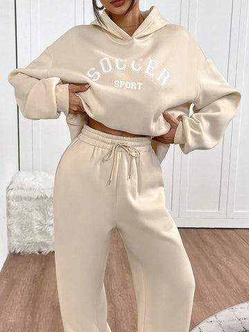 2pcs Women Casual Set - Letter Print Hoodie With Pocket And Pants