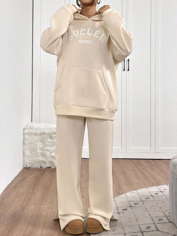 2pcs Women Casual Set - Letter Print Hoodie With Pocket And Pants