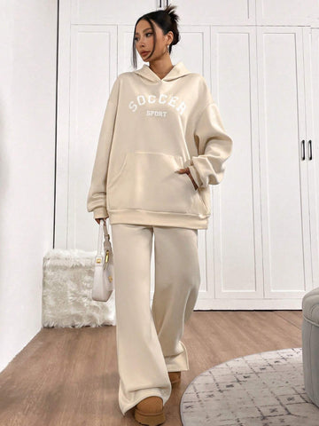 2pcs Women Casual Set - Letter Print Hoodie With Pocket And Pants