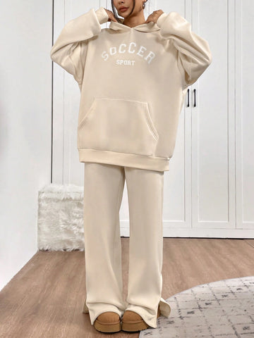 2pcs Women Casual Set - Letter Print Hoodie With Pocket And Pants