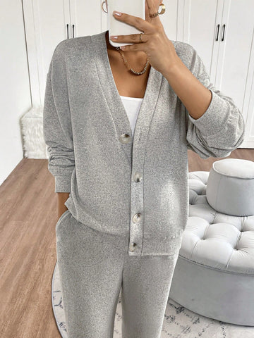 2pcs Women Casual Solid Color Long Sleeve Top And Pants Set, Autumn/Winter