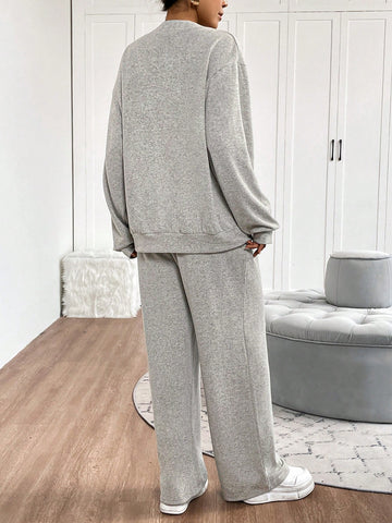 2pcs Women Casual Solid Color Long Sleeve Top And Pants Set, Autumn/Winter