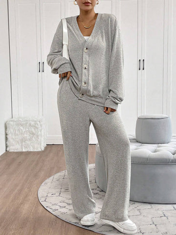 2pcs Women Casual Solid Color Long Sleeve Top And Pants Set, Autumn/Winter