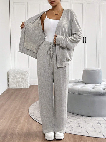 2pcs Women Casual Solid Color Long Sleeve Top And Pants Set, Autumn/Winter