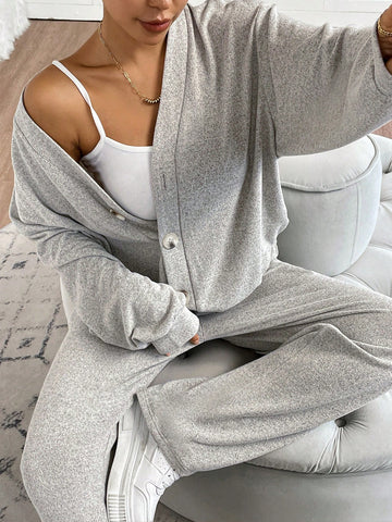 2pcs Women Casual Solid Color Long Sleeve Top And Pants Set, Autumn/Winter