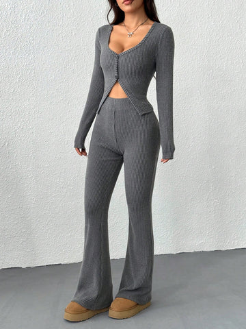 2pcs Women Fitted Long Sleeve Round Neck Casual Top And Long Pants Set, Solid Color