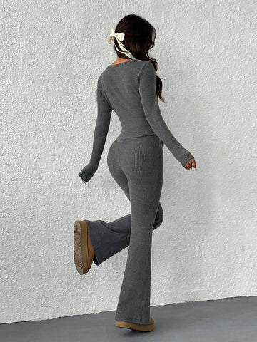 2pcs Women Fitted Long Sleeve Round Neck Casual Top And Long Pants Set, Solid Color