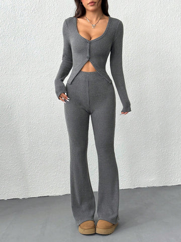 2pcs Women Fitted Long Sleeve Round Neck Casual Top And Long Pants Set, Solid Color