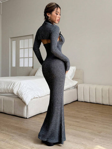 2pcs Women Solid Color Sleeveless Cardigan And Ribbed Collar Bodycon Dress Set, Spring Autumn