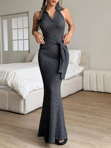 2pcs Women Solid Color Sleeveless Cardigan And Ribbed Collar Bodycon Dress Set, Spring Autumn