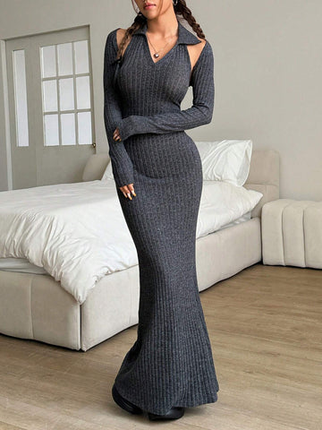 2pcs Women Solid Color Sleeveless Cardigan And Ribbed Collar Bodycon Dress Set, Spring Autumn