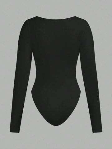 2pcs Women Square Neck Long Sleeve Bodysuit Sets