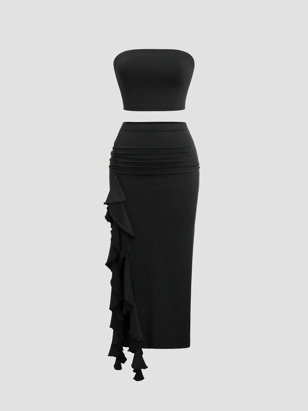 2pcs Women Summer Solid Color Bandeau Top And Ruffle Hem Split Pencil Skirt Set