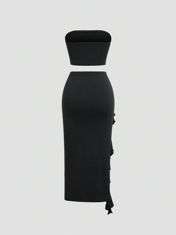2pcs Women Summer Solid Color Bandeau Top And Ruffle Hem Split Pencil Skirt Set