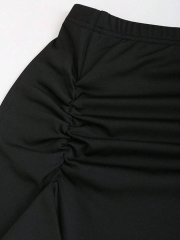 2pcs Women Summer Solid Color Bandeau Top And Ruffle Hem Split Pencil Skirt Set