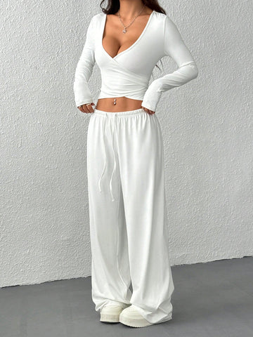 2pcs Women V-Neck Solid Color Fitted Long Sleeve Sexy Crop Top & Drawstring Pants Set