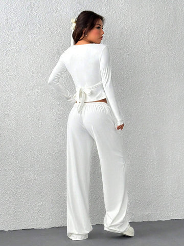 2pcs Women V-Neck Solid Color Fitted Long Sleeve Sexy Crop Top & Drawstring Pants Set