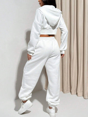 2pcs Women's Casual Solid Color Hoodie & Sweatpants Set, Autumn/Winter
