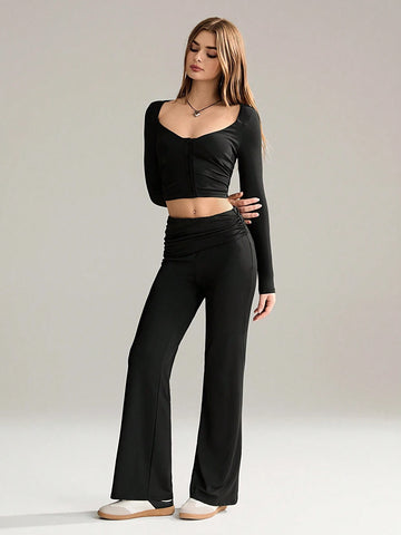2pcs Women's Solid Color Simple Daily Long Sleeve Top And Pants Set