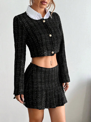 2pcs Women's Spring Autumn Plaid Single-Breasted Long Sleeve Cropped Jacket And Mini Skirt Set