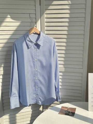 2pcs Women's Striped Long Sleeve Shirt & Shorts Set
