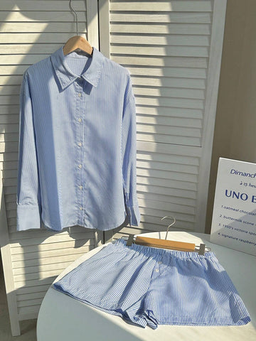 2pcs Women's Striped Long Sleeve Shirt & Shorts Set