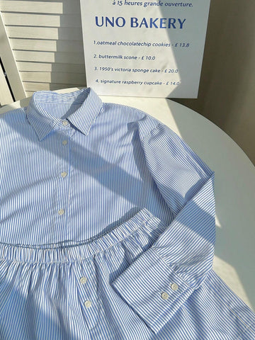 2pcs Women's Striped Long Sleeve Shirt & Shorts Set