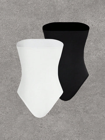 2pcs/set Solid Color Strapless Jumpsuit For Women