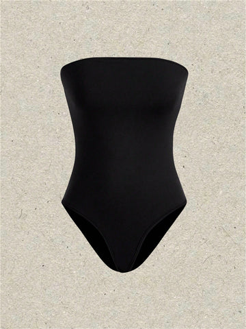 2pcs/set Solid Color Strapless Jumpsuit For Women