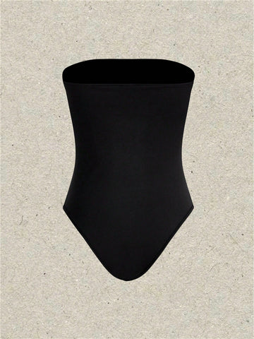 2pcs/set Solid Color Strapless Jumpsuit For Women