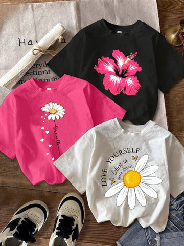 3pcs/Set Casual Minimalist Floral Pattern Round Neck Short Sleeve Fitted Cropped Women T-Shirts,
